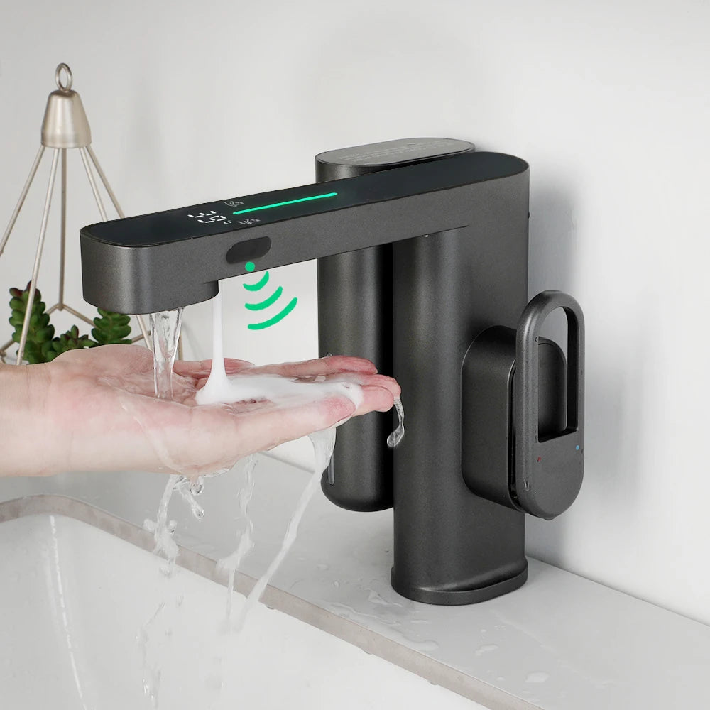 Hand washing with a black touchless soap dispenser in a bathroom setting.