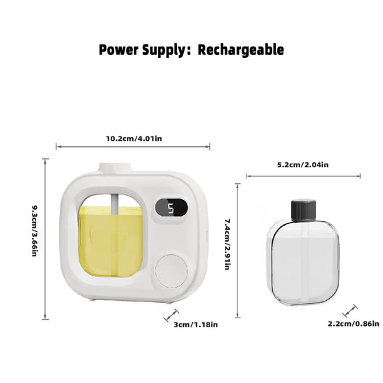 Rechargeable power supply device with dimensions and a separate container on a white background