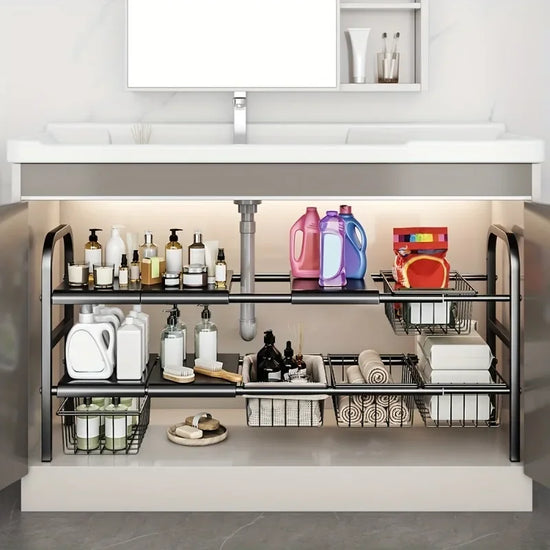 1 Set Multi-Use Kitchen Under Bathroom Sink Organizers - Expandable Cabinet Shelf Organizer Storage Rack