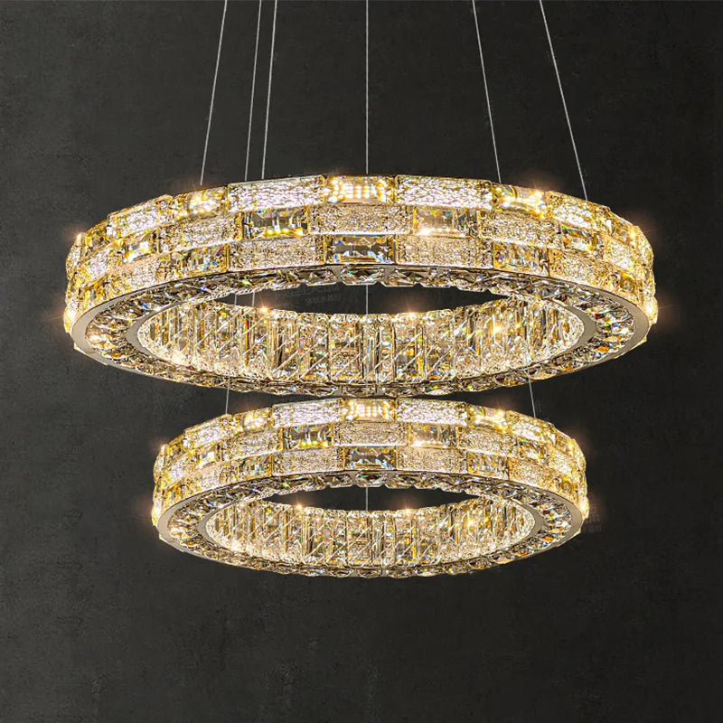 Chandelier with three circular rings on a black background