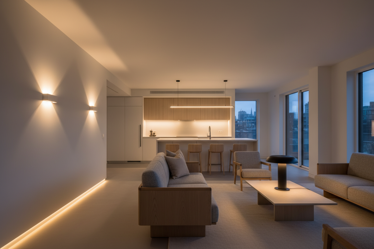 A modern interior with warm ambient LED lighting: minimal LED wall lights, soft under-cabinet glow, a sleek LED table lamp, and subtle strip lighting along the walls. Clean neutral tones, warm lighting, ultra-realistic, stylish contemporary home aesthetic, soft shadows, premium lifestyle interior photography.
